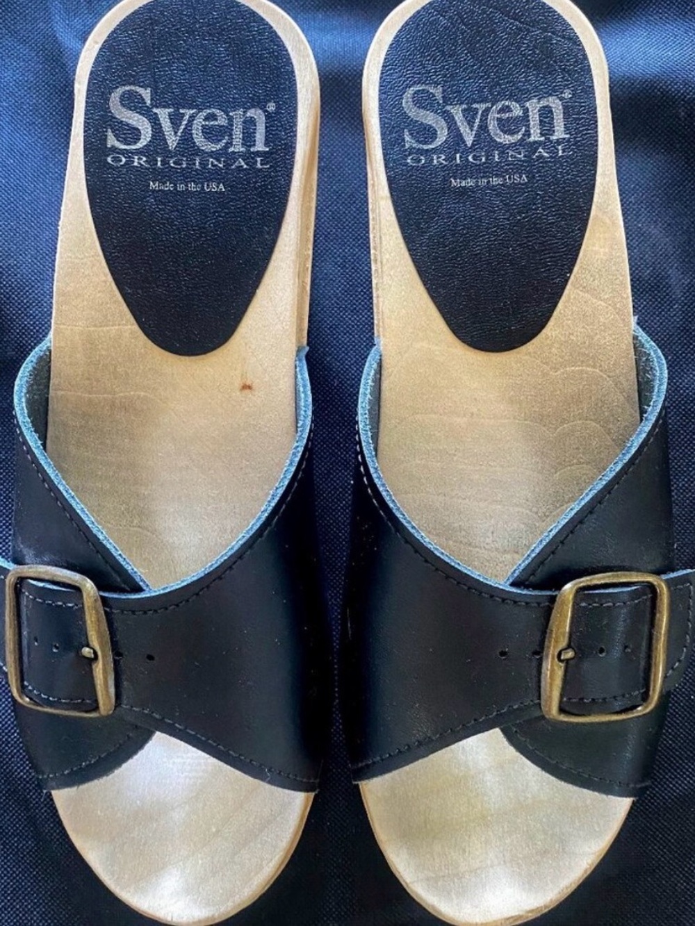 Sven Black Leather Buckle Clog Mules / 38
